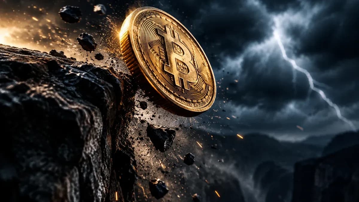 Eine physische Münze mit eingeprägtem Bitcoin-Zeichen kippt über eine Felskante und stürzt in die Tiefe, dahinter zieht eine Gewitterfront auf