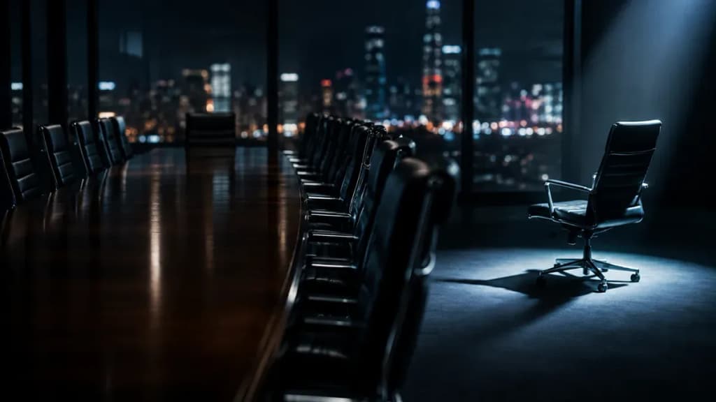 Langer Konferenztisch bei Nacht, ein einzelner Ledersessel aus der Reihe gerückt und leer