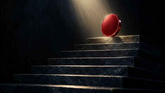 Unmarked red metal coin on the top step of a dark stone staircase