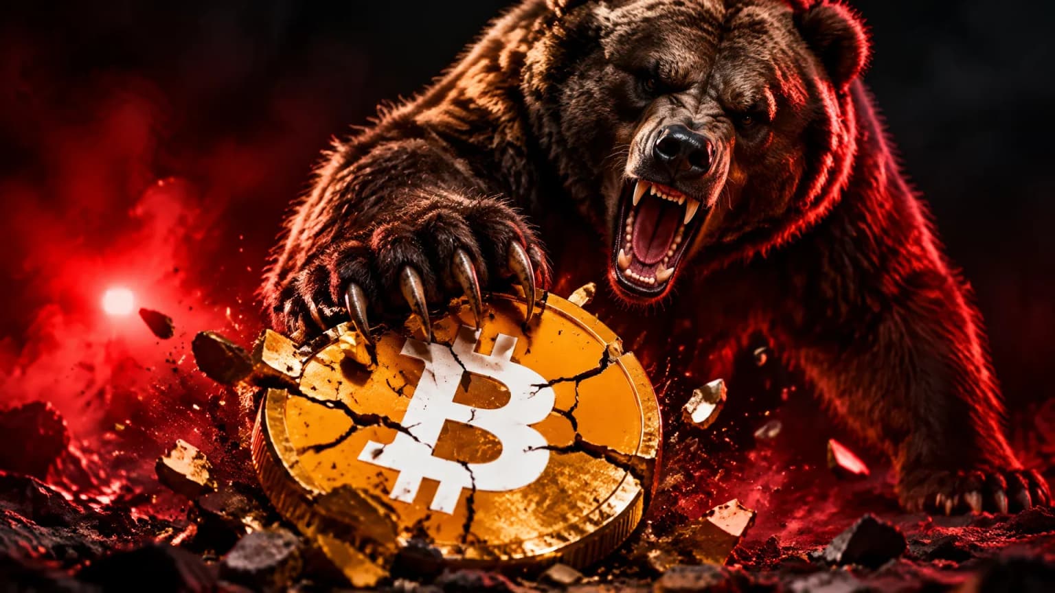 Angry grizzly bear slamming its paw on a cracking Bitcoin coin under red alarm light