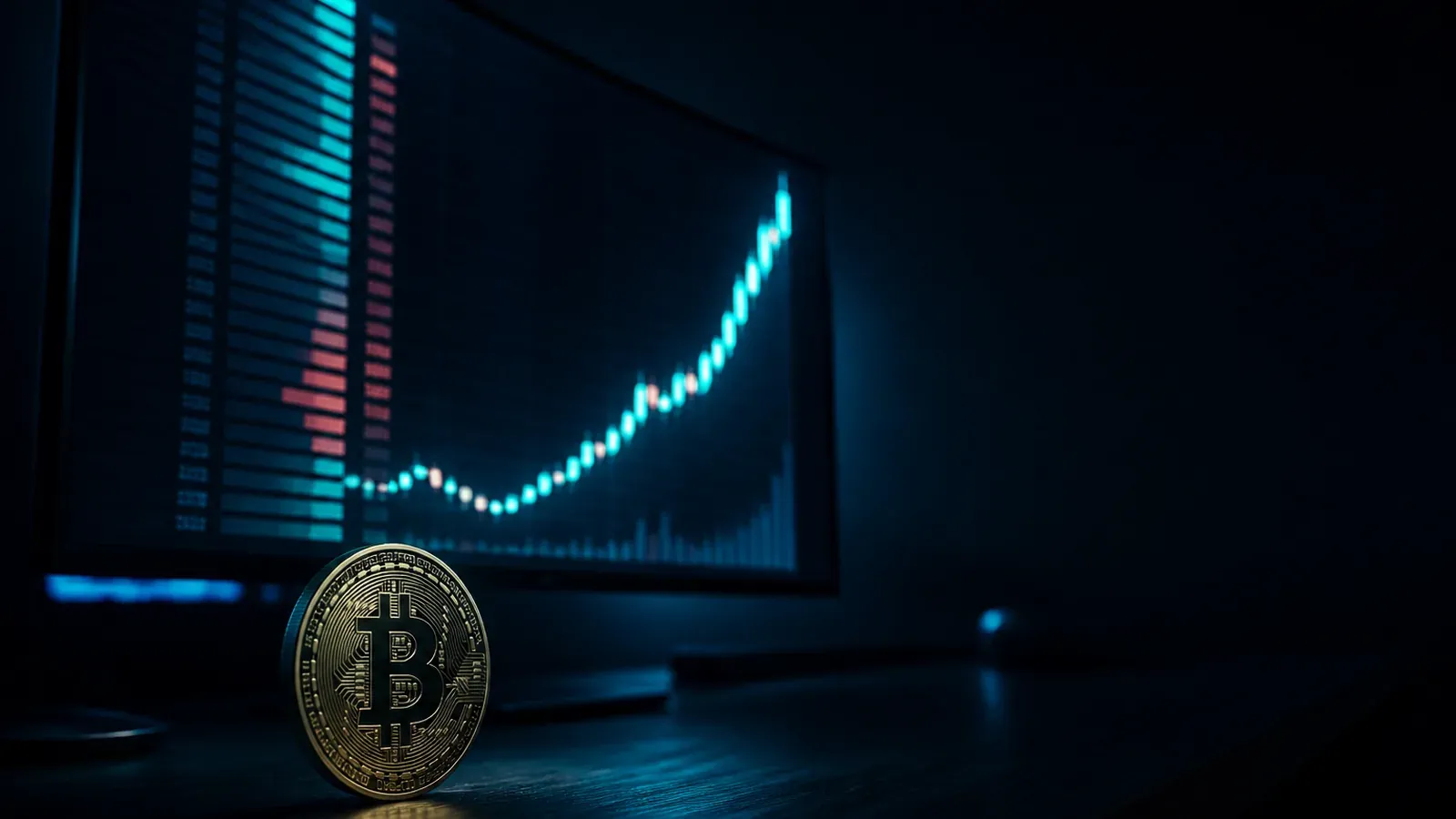 Night trading desk with a steep rising price curve on screen and a physical crypto coin standing upright, symbolizing the Hyperliquid surge