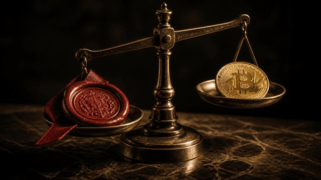 Antike Messingwaage auf Steinplatte, links ein rotes Wachssiegel, rechts eine Goldmünze mit Bitcoin-Zeichen
