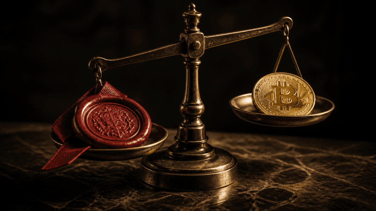 Antike Messingwaage auf Steinplatte, links ein rotes Wachssiegel, rechts eine Goldmünze mit Bitcoin-Zeichen