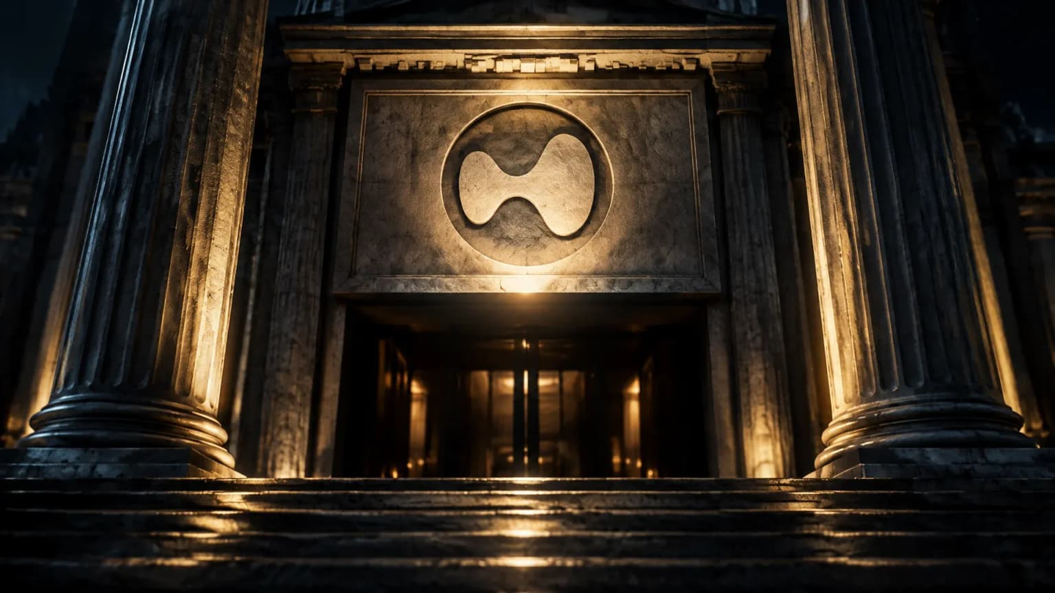 Nächtliches Säulenportal einer Börse, in die Steinplatte über dem Eingang ist das HYPE-Zeichen von Hyperliquid eingraviert