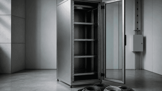 Leerer Serverschrank aus Stahl mit offener Glastuer, davor aufgerollte abgezogene Netzkabel