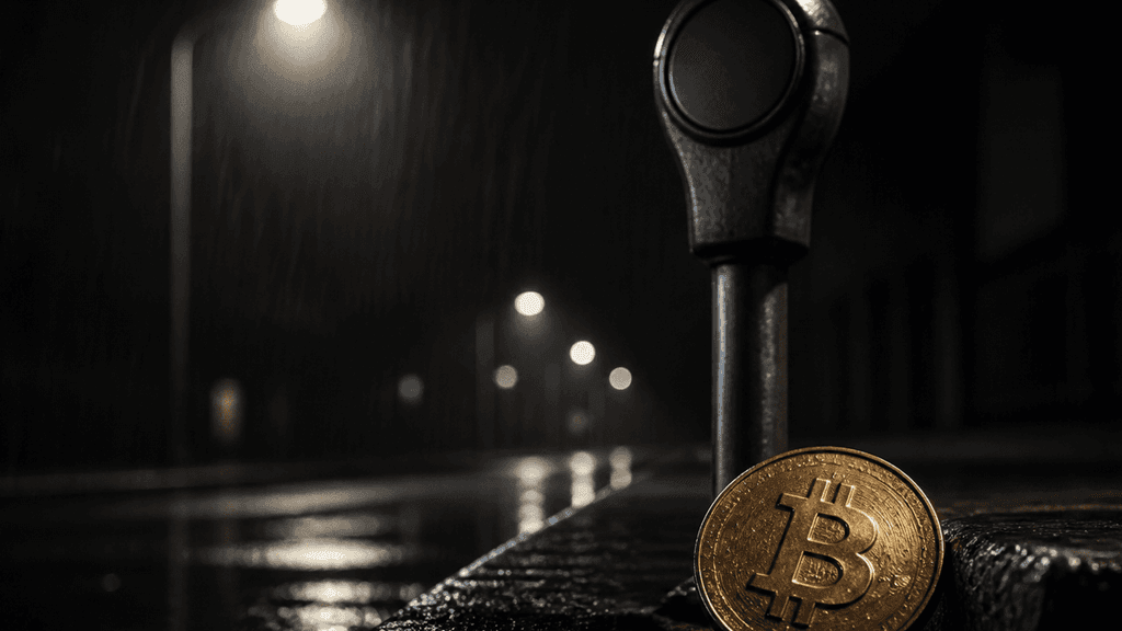 Gusseiserne Parkuhr bei Nacht im Regen mit vollständig blindem, leerem Anzeigefenster, davor eine schwere Münze mit eingeprägtem Bitcoin-Zeichen auf nassem Randstein