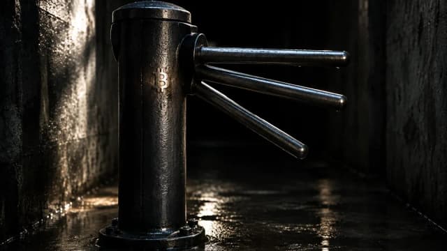 Verriegelte gusseiserne Drehsperre in einem dunklen Betondurchgang, Bitcoin-Zeichen in die Mittelsäule graviert