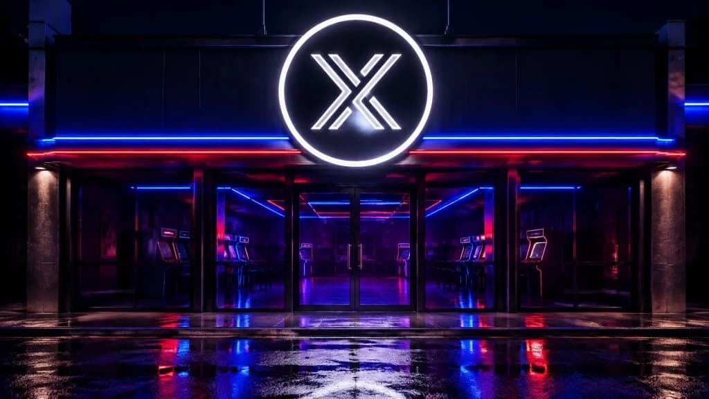 Neonzeichen mit dem Immutable-Zeichen über dem Eingang einer leeren nächtlichen Spielhalle