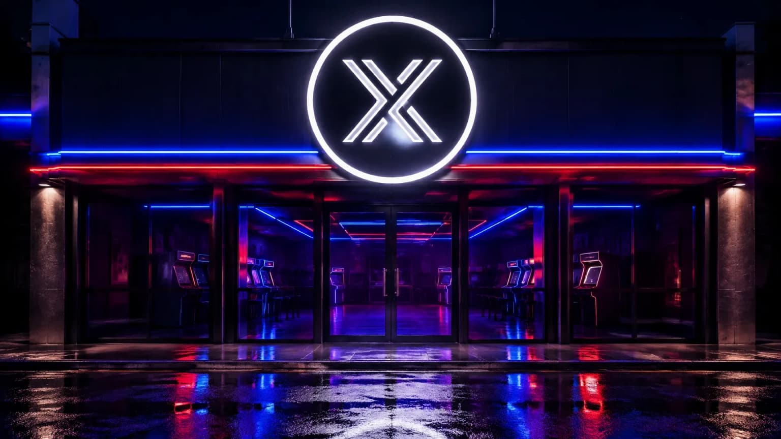 Neonzeichen mit dem Immutable-Zeichen über dem Eingang einer leeren nächtlichen Spielhalle
