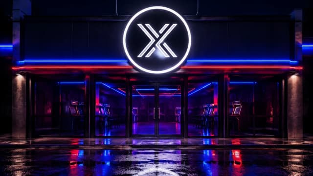 Neonzeichen mit dem Immutable-Zeichen über dem Eingang einer leeren nächtlichen Spielhalle