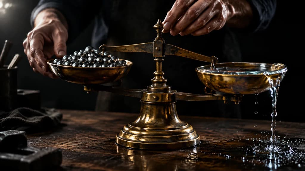 Messing-Balkenwaage auf einer Werkstattbank, in der einen Schale Metallkugeln, in der anderen überschwappende Flüssigkeit, zwei Hände stellen den Balken nach
