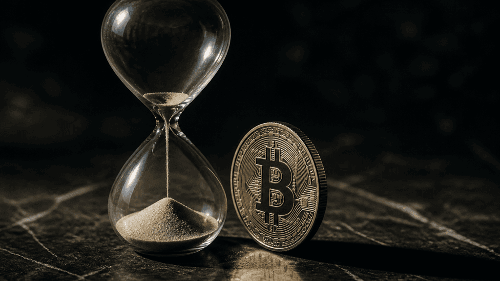 Fast durchgelaufene Sanduhr auf einem dunklen Steintisch, daneben eine hochkant stehende Münze mit eingeprägtem Bitcoin-Zeichen