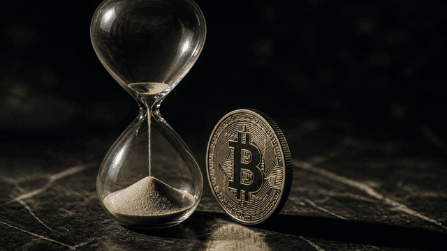 Fast durchgelaufene Sanduhr auf einem dunklen Steintisch, daneben eine hochkant stehende Münze mit eingeprägtem Bitcoin-Zeichen