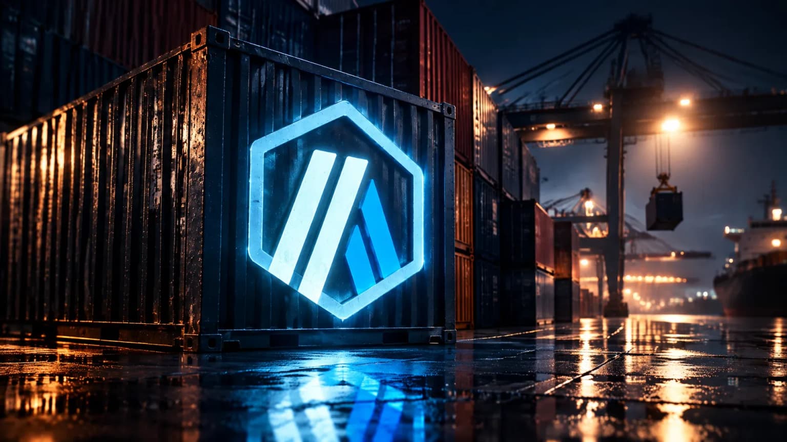 Freight terminal at an inland port at night: stacked containers under a gantry crane, the Arbitrum symbol as a large recessed illuminated engraving on the front container, wet concrete reflecting the light