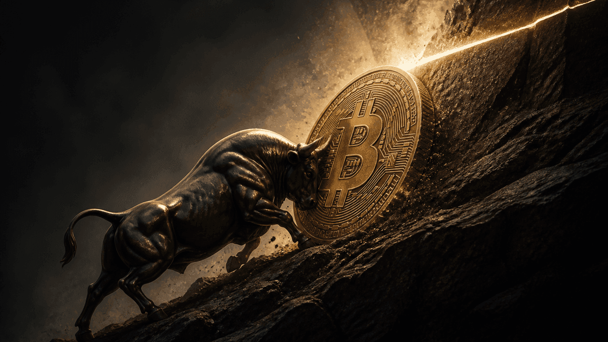 Dark metal bull pushing a large upright coin with an embossed Bitcoin symbol up a rocky slope towards a hard line of light