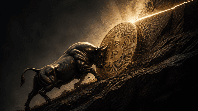 Dark metal bull pushing a large upright coin with an embossed Bitcoin symbol up a rocky slope towards a hard line of light