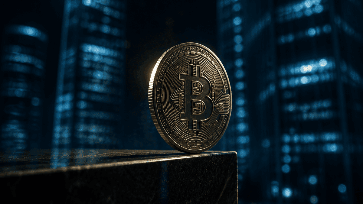 Heavy metal coin with an embossed Bitcoin symbol balancing upright on the edge of a polished dark granite slab, the lit glass facade of a banking district blurred behind it