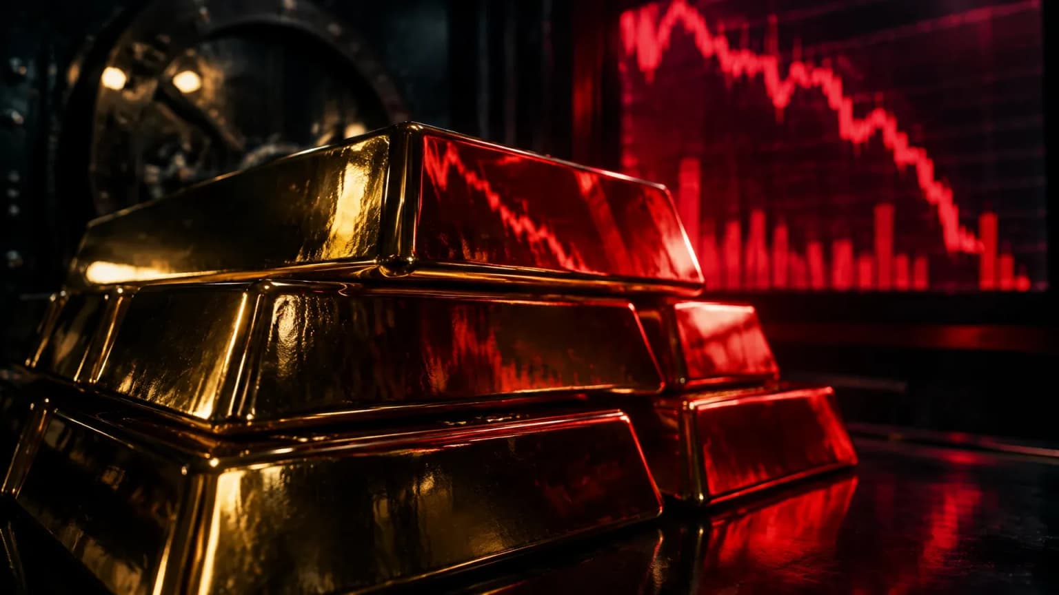 Illustration: stacked gold bars in a dim vault, red falling charts reflected on the gold