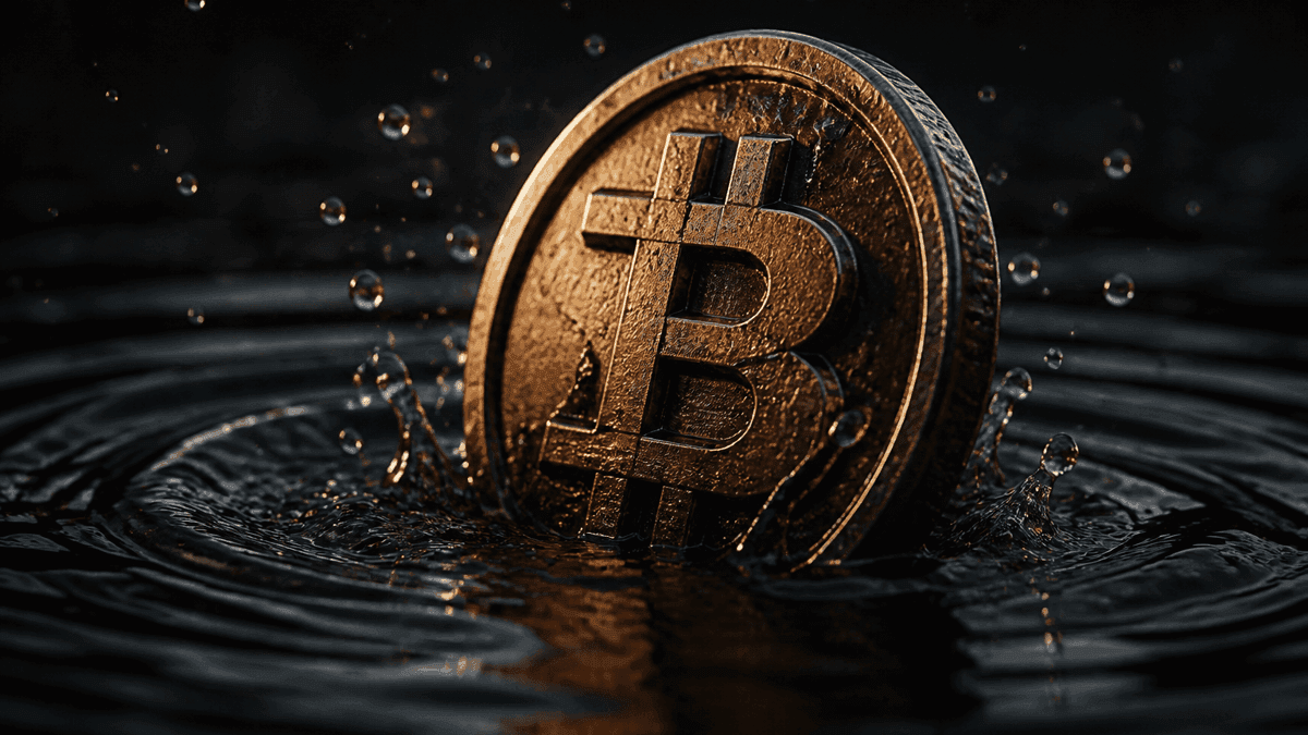 A metal coin with an embossed crypto symbol rising out of dark rippling water, droplets frozen in mid-air
