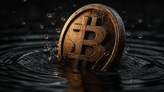 A metal coin with an embossed crypto symbol rising out of dark rippling water, droplets frozen in mid-air