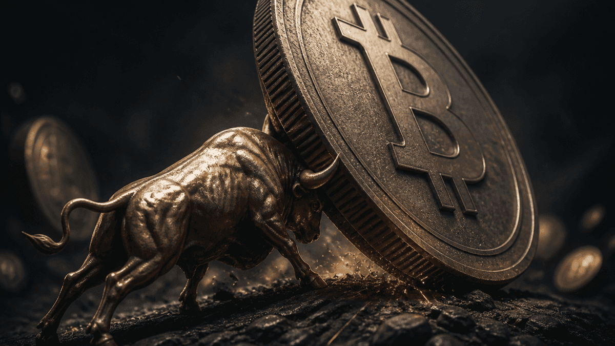 Massive bronze bull pushing a giant upright metal coin with an embossed Bitcoin symbol, sparks and dust, low camera angle on dark stone