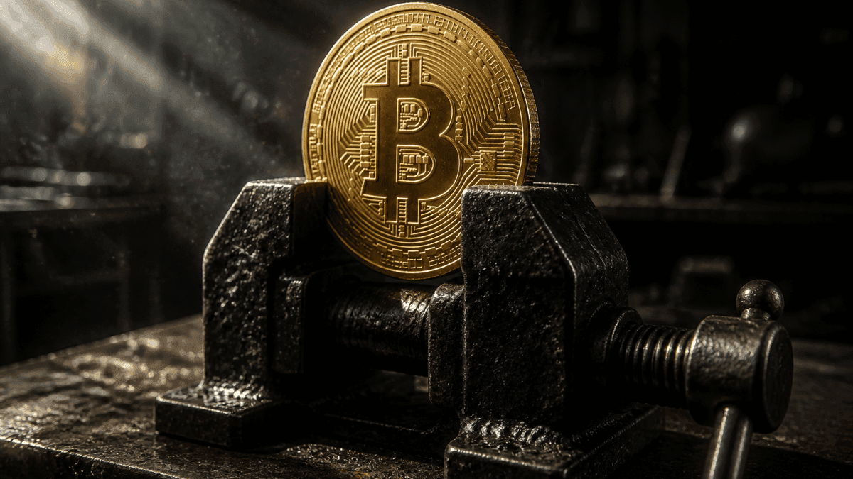 Golden coin with an embossed Bitcoin symbol clamped upright in the jaws of a dark steel bench vice, lit by a single shaft of light
