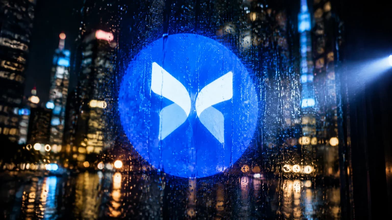 The Morpho symbol glowing on a rain-soaked pane of glass, with the blurred lights of a financial district at night behind it