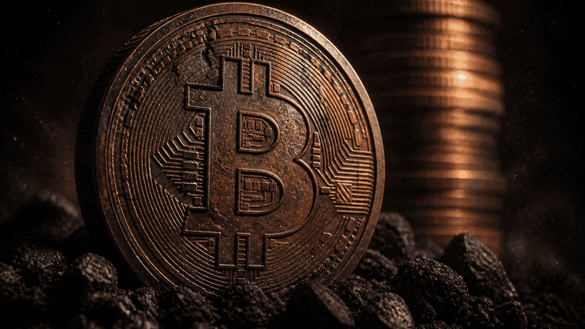 Large heavy metal coin with a deeply embossed Bitcoin symbol standing upright in dark volcanic gravel, a blurred stack of coins rising behind it in hard side light