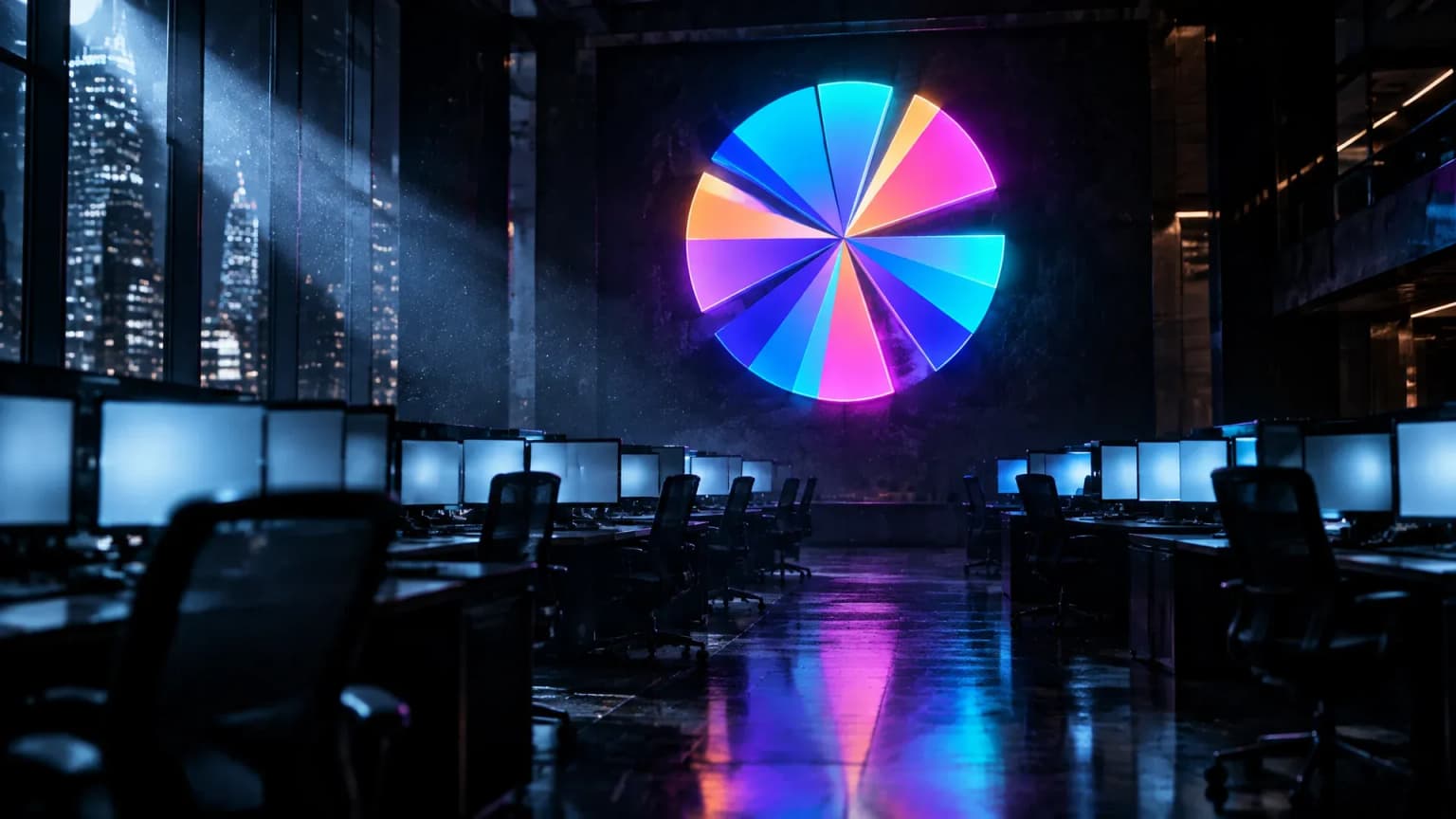 Large neon sign showing the SKY symbol on the back wall of an empty night-time trading floor, rows of screens glowing as cold light panels