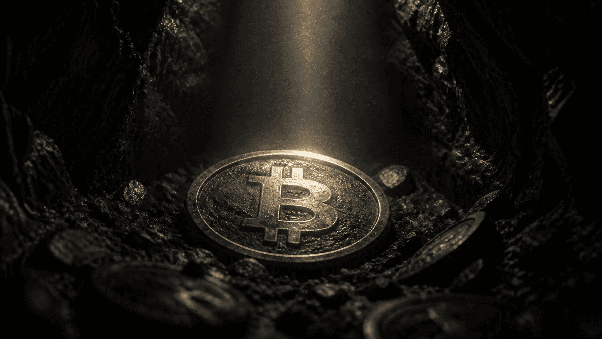 Heavy metal coin with a deeply embossed Bitcoin symbol lying at the bottom of a narrow dark rock shaft, a single beam of light falling on it from far above