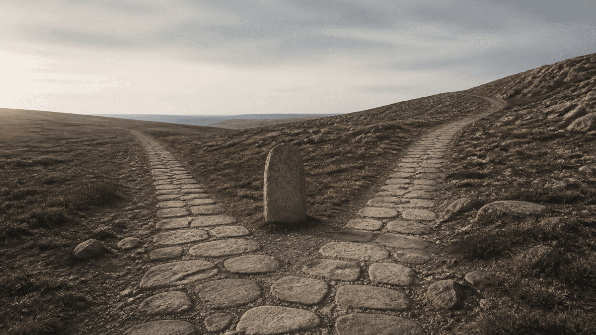 A weathered stone path forks into two routes across open moorland, one climbing gently uphill, the other dipping away, with a plain unmarked waystone between them in soft side light.