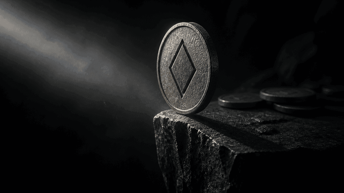 A heavy metal coin with a deeply embossed diamond-shaped symbol balancing upright on the sharp edge of a dark stone block, lit by a narrow beam of side light