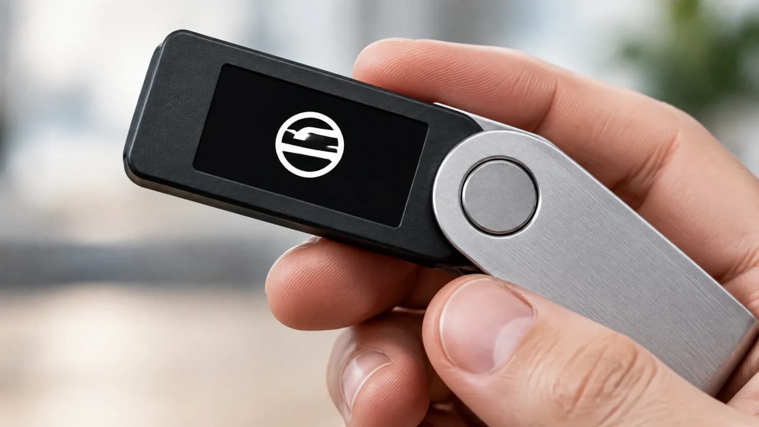 A hand holds an unbranded hardware wallet whose small display glows with the Worldcoin sign, the glass facade of an office tower blurred behind it at night
