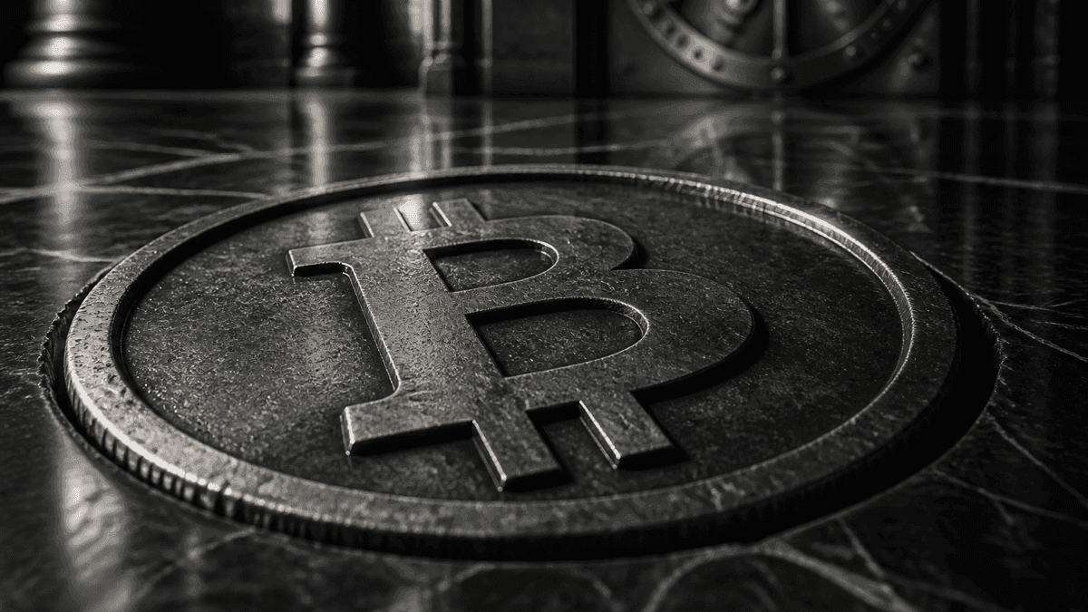 Schwere Metallmuenze mit eingepraegtem Bitcoin-Zeichen, halb versenkt in dunklem Marmor eines Bankfoyers, dahinter unscharf ein Tresortor