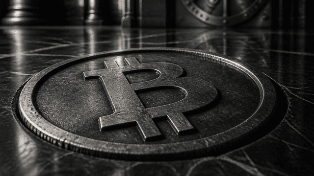 Schwere Metallmuenze mit eingepraegtem Bitcoin-Zeichen, halb versenkt in dunklem Marmor eines Bankfoyers, im Hintergrund unscharf ein Tresortor