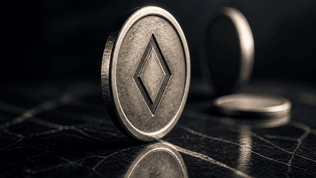 Schwere Metallmuenze mit eingepraegtem rautenfoermigem Symbol balanciert auf ihrer Kante auf dunkler Steinplatte, zwei unscharfe Muenzen im Hintergrund