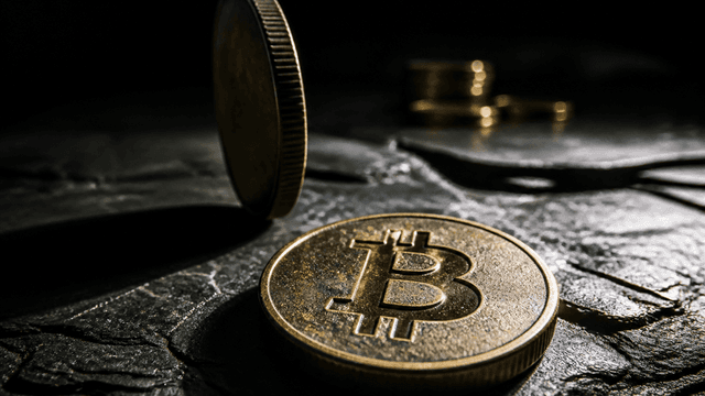 Makroaufnahme einer schweren Metallmuenze mit eingepraegtem Bitcoin-Zeichen auf dunklem Schiefer, dahinter eine hochkant stehende Muenze und unscharf gestapelte Muenzen im Halbdunkel