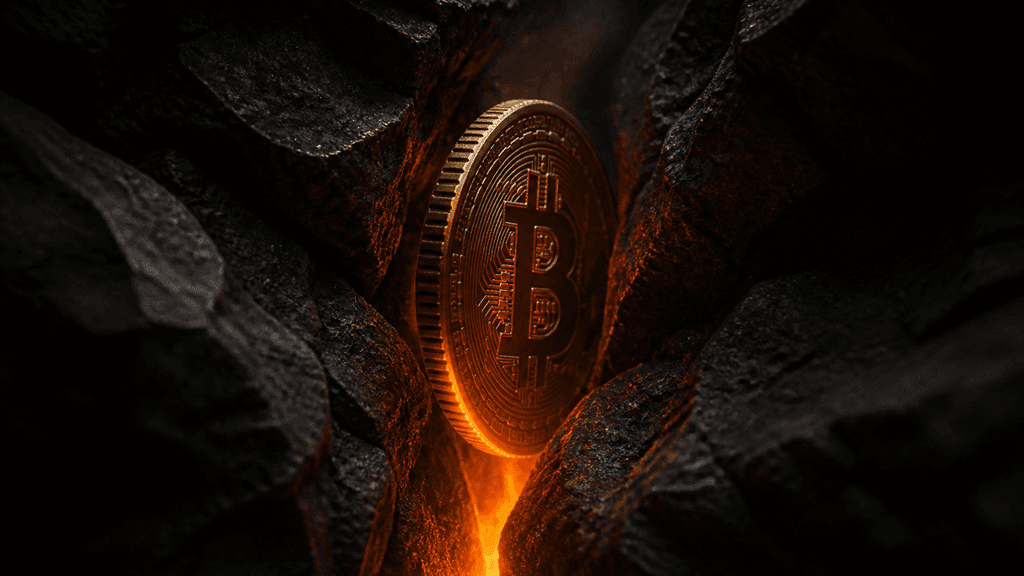 Goldene Muenze mit eingepraegtem Bitcoin-Zeichen, hochkant eingeklemmt zwischen dunklen Gesteinsschichten ueber einer gluehenden Spalte