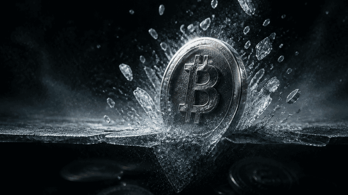 Schwere Metallmünze mit eingeprägtem Bitcoin-Zeichen durchbricht von unten eine Platte aus dunklem Eis, Splitter fliegen nach oben