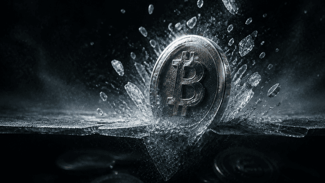 Schwere Metallmuenze mit eingepraegtem Bitcoin-Zeichen durchbricht von unten eine Platte aus dunklem Eis, Splitter fliegen nach oben
