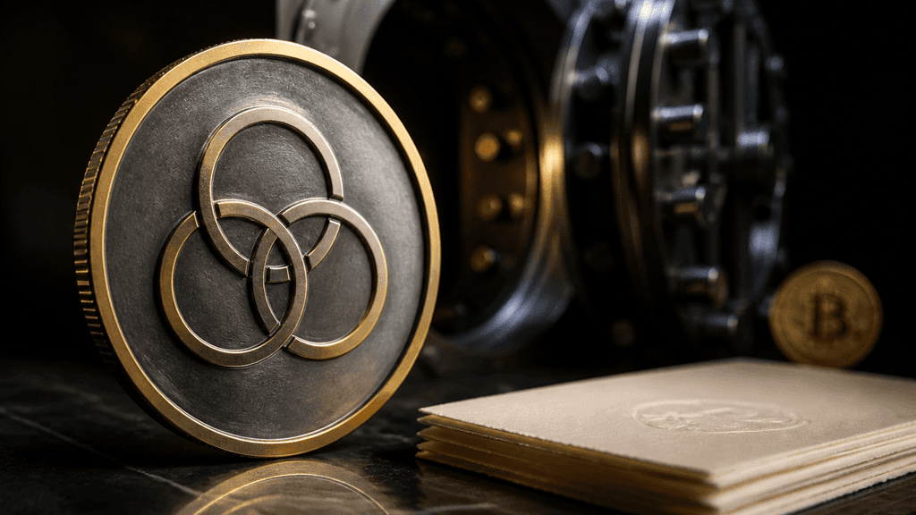 Makroaufnahme einer aufgerichteten Metallmuenze mit eingepraegtem Emblem aus drei ineinandergreifenden Ringen, dahinter unscharf ein geoeffnetes Tresortor und ein Stapel leerer Buettenpapierboegen