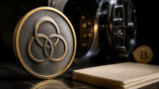 Makroaufnahme einer aufgerichteten Metallmuenze mit eingepraegtem Emblem aus drei ineinandergreifenden Ringen, dahinter unscharf ein geoeffnetes Tresortor und ein Stapel leerer Buettenpapierboegen