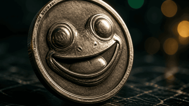 Grosse Metall-Muenze mit tief eingepraegtem Comic-Froschkopf-Relief als Nahaufnahme vor dunklem Studiogrund