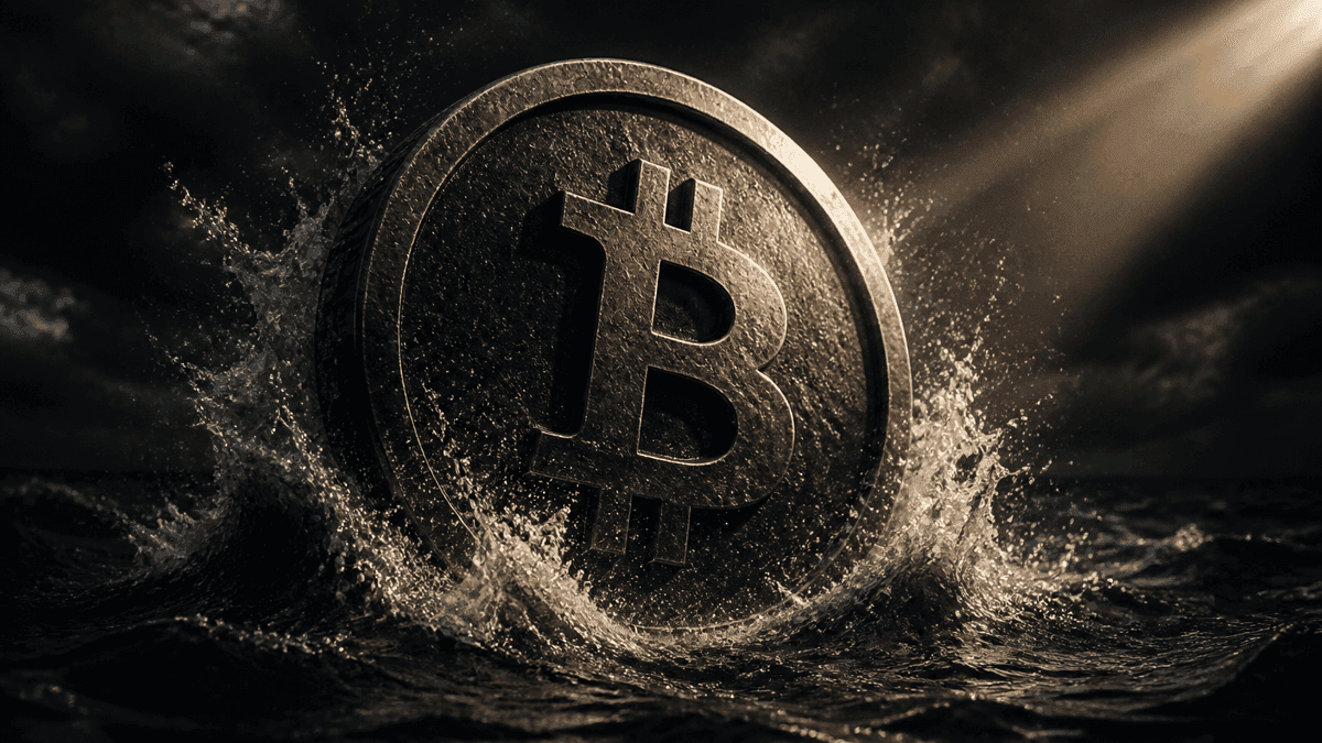 Große schwere Metallmünze mit eingeprägtem Bitcoin-Zeichen steigt aus aufgewühltem dunklem Wasser empor, Gischt und Sturmwolken ringsum, ein harter Lichtstrahl trifft sie von der Seite