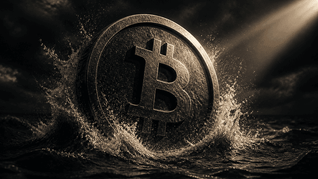 Grosse schwere Metallmuenze mit eingepraegtem Bitcoin-Zeichen steigt aus aufgewuehltem dunklem Wasser empor, Gischt und Sturmwolken ringsum, ein harter Lichtstrahl trifft sie von der Seite