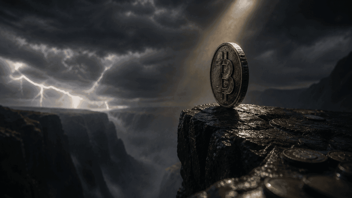 Pesada moneda metálica con el signo de Bitcoin grabado, en equilibrio sobre su canto en el borde de una oscura meseta rocosa sobre el vacío