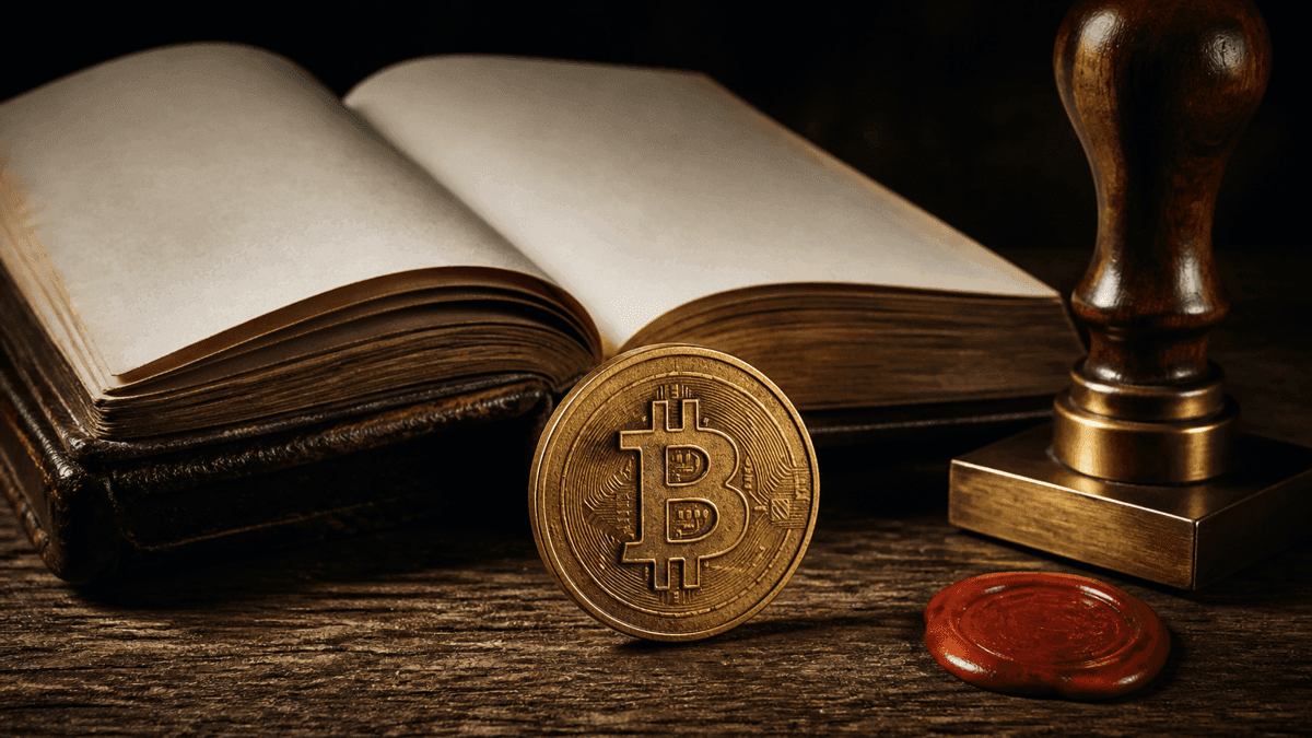 Aufgeschlagenes ledernes Gesetzbuch mit leeren Seiten, davor eine goldene Münze mit eingeprägtem Bitcoin-Symbol, daneben Messingstempel und rotes Wachssiegel