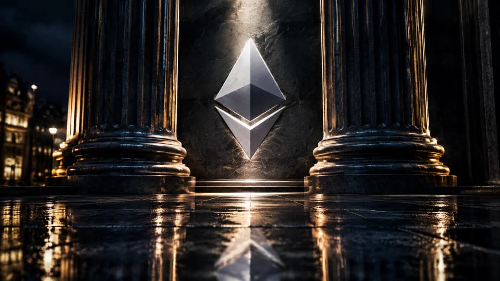 Säulenportal einer Großbank bei Nacht, in der Steinwand dahinter das Ethereum-Zeichen als helle Intarsie
