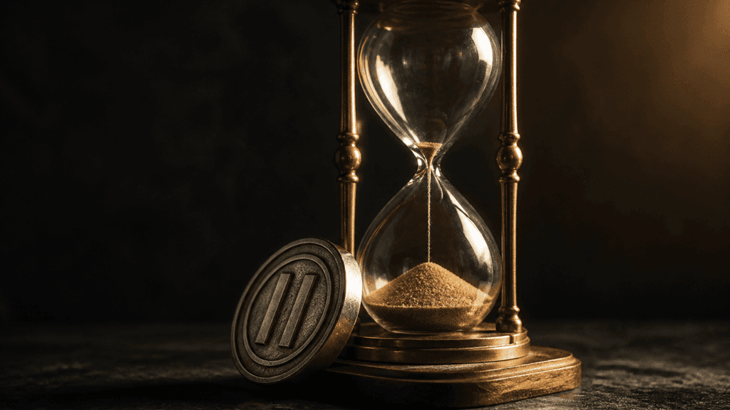 Fast durchgelaufene Sanduhr aus Messing und Glas, daran gelehnt eine schwere Metallmünze mit eingeprägtem Symbol