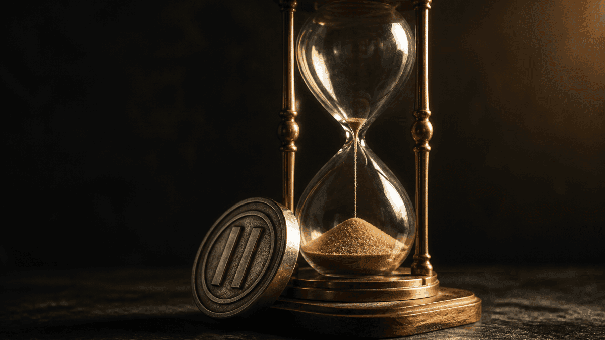 An almost run-through hourglass of brass and glass, a heavy metal coin with an embossed symbol leaning against it